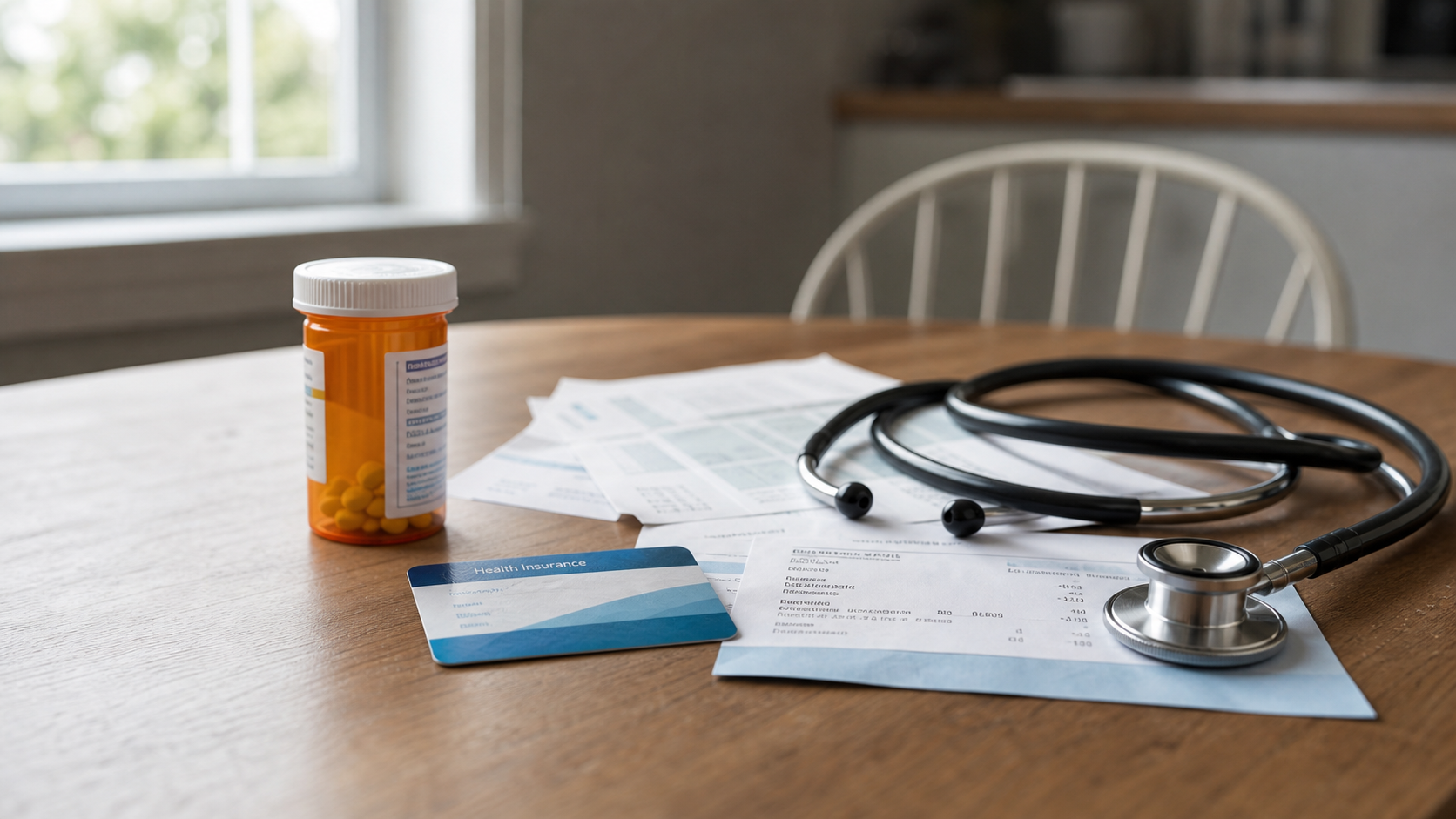Insurance card, medical bills, prescription bottle, and stethoscope arranged on a table for a Watchtower healthcare story