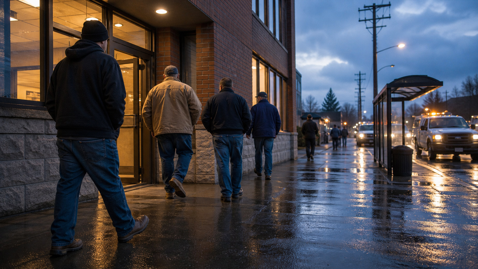 Rainy South Sound worker hall entrance with people entering for a civic accountability meeting