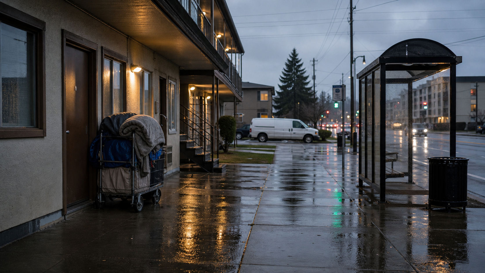 Rainy campaign office exterior and bus stop at night representing political money flow