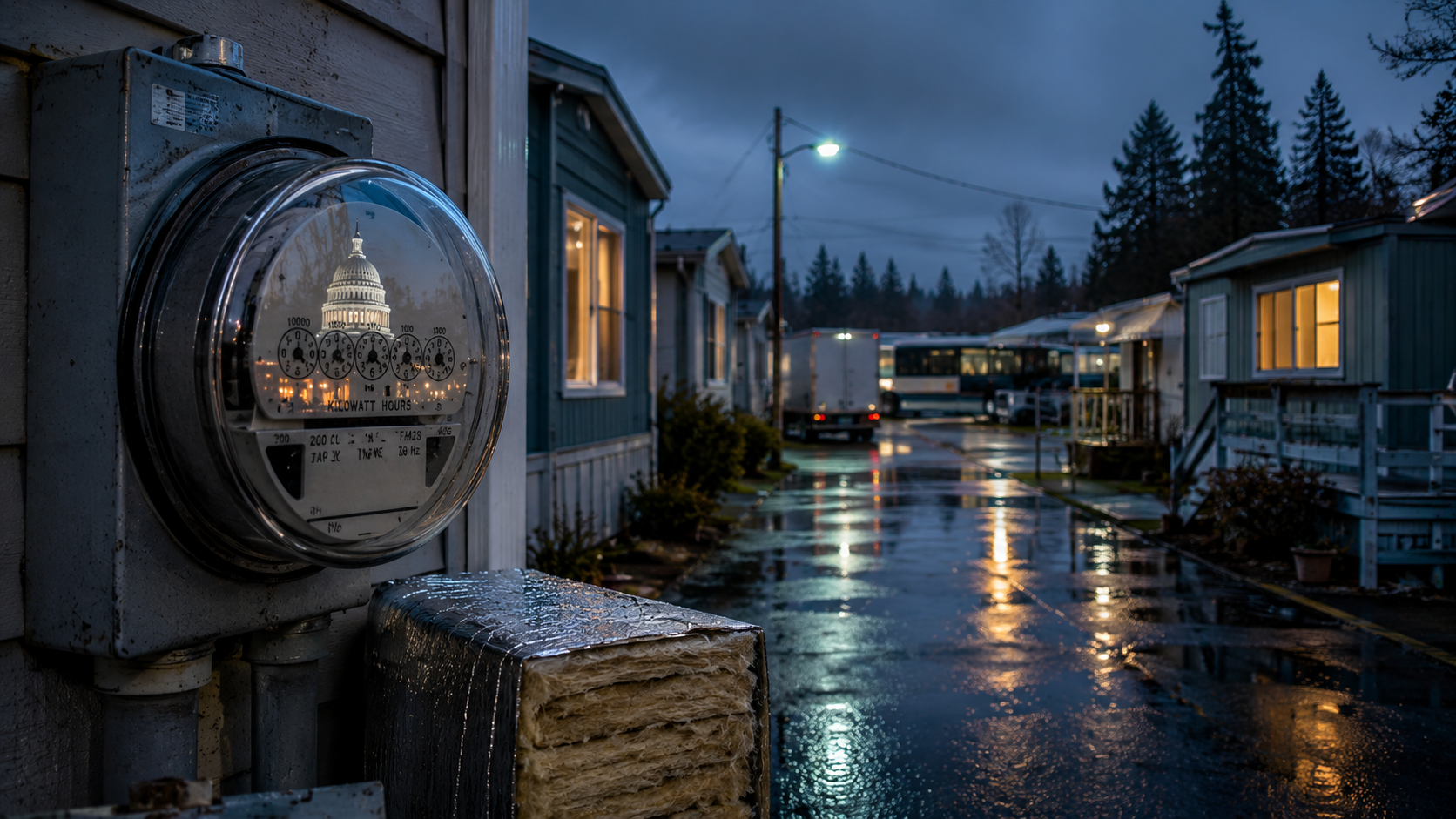 Rainy manufactured-home community street with utility meter and porch lights in Spanaway
