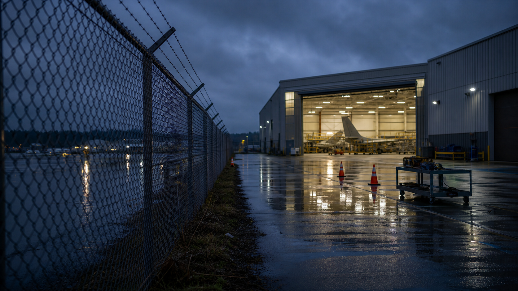 Rainy aerospace hangar apron with open maintenance bay, perimeter fence, and inspection equipment