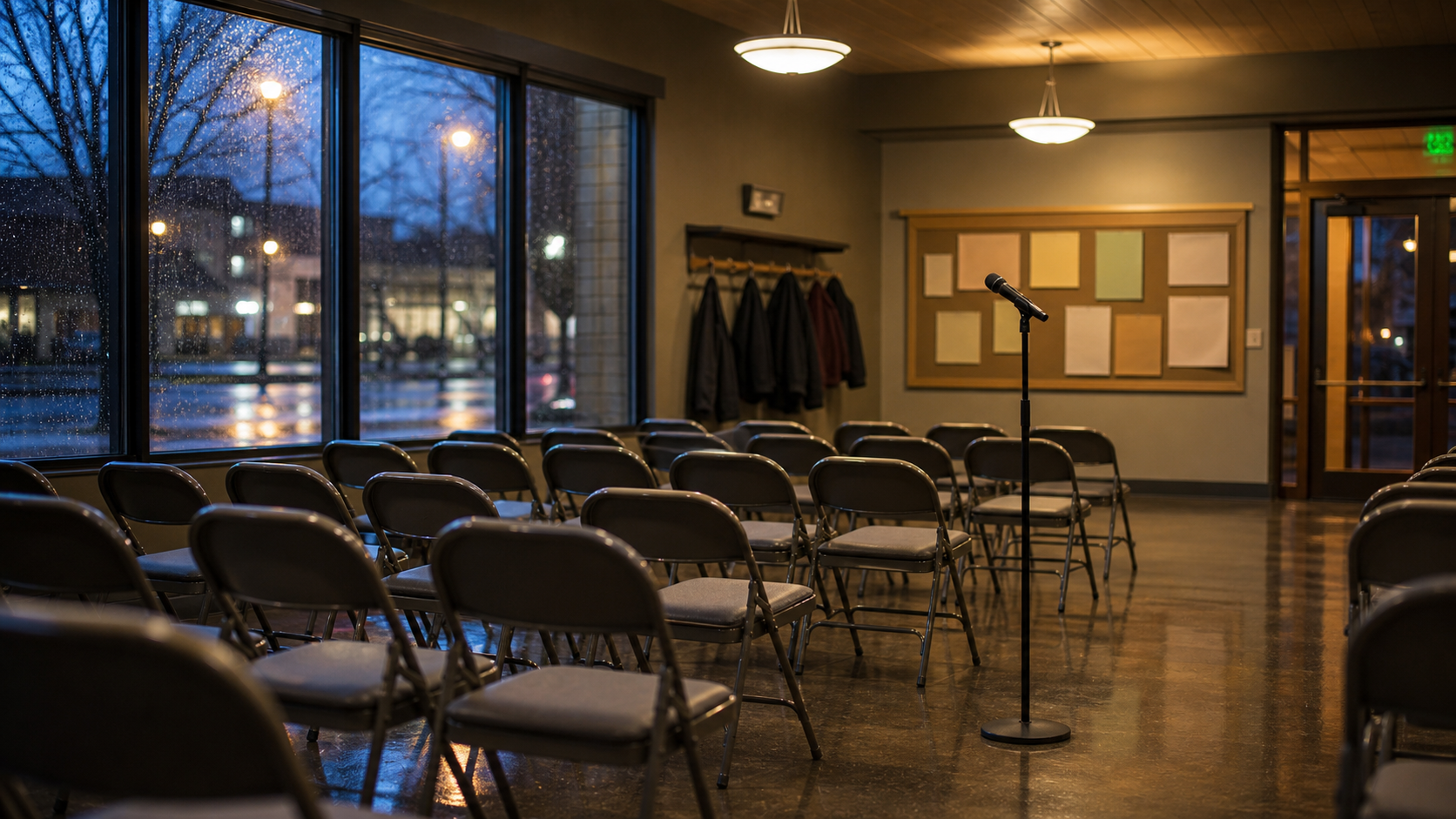Empty community forum room with microphone stand and chairs after a rainy public meeting