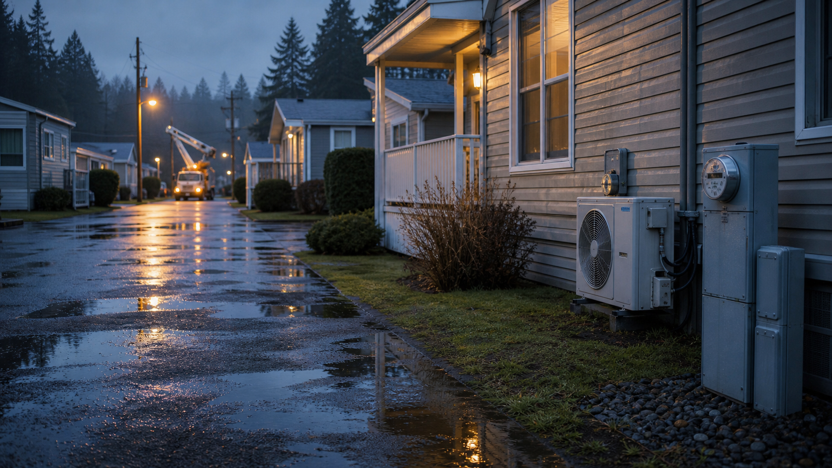 Rainy manufactured-home community street with heat pumps, utility meters, and porch lights