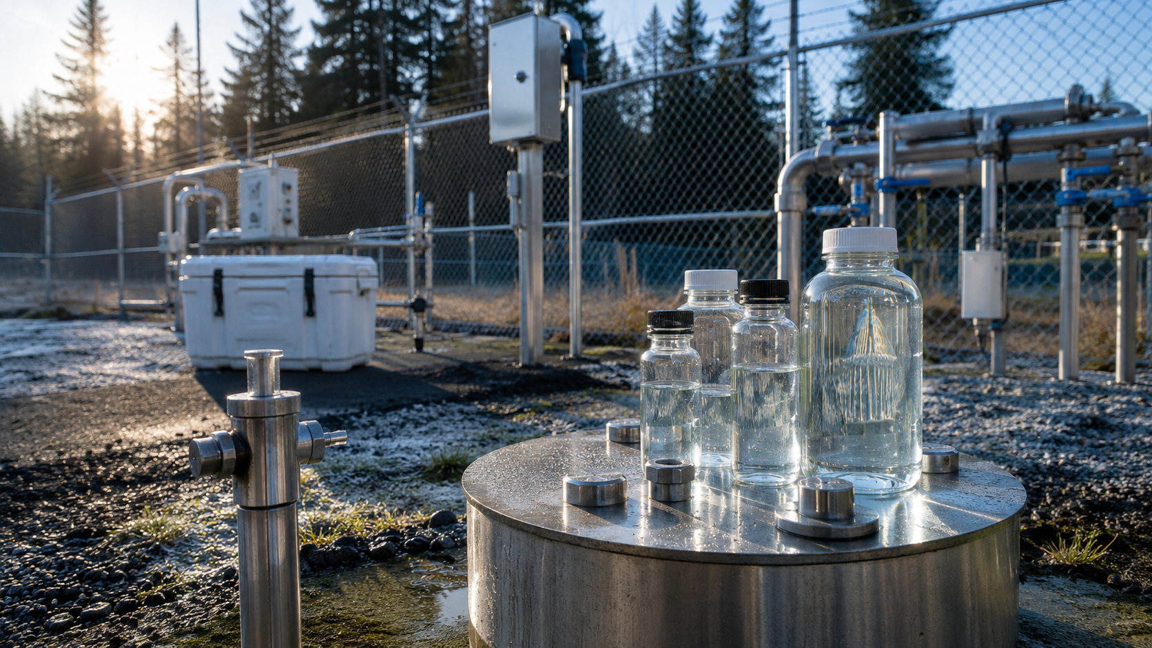 PFAS water sampling bottles near a fenced utility area and JBLM-area perimeter