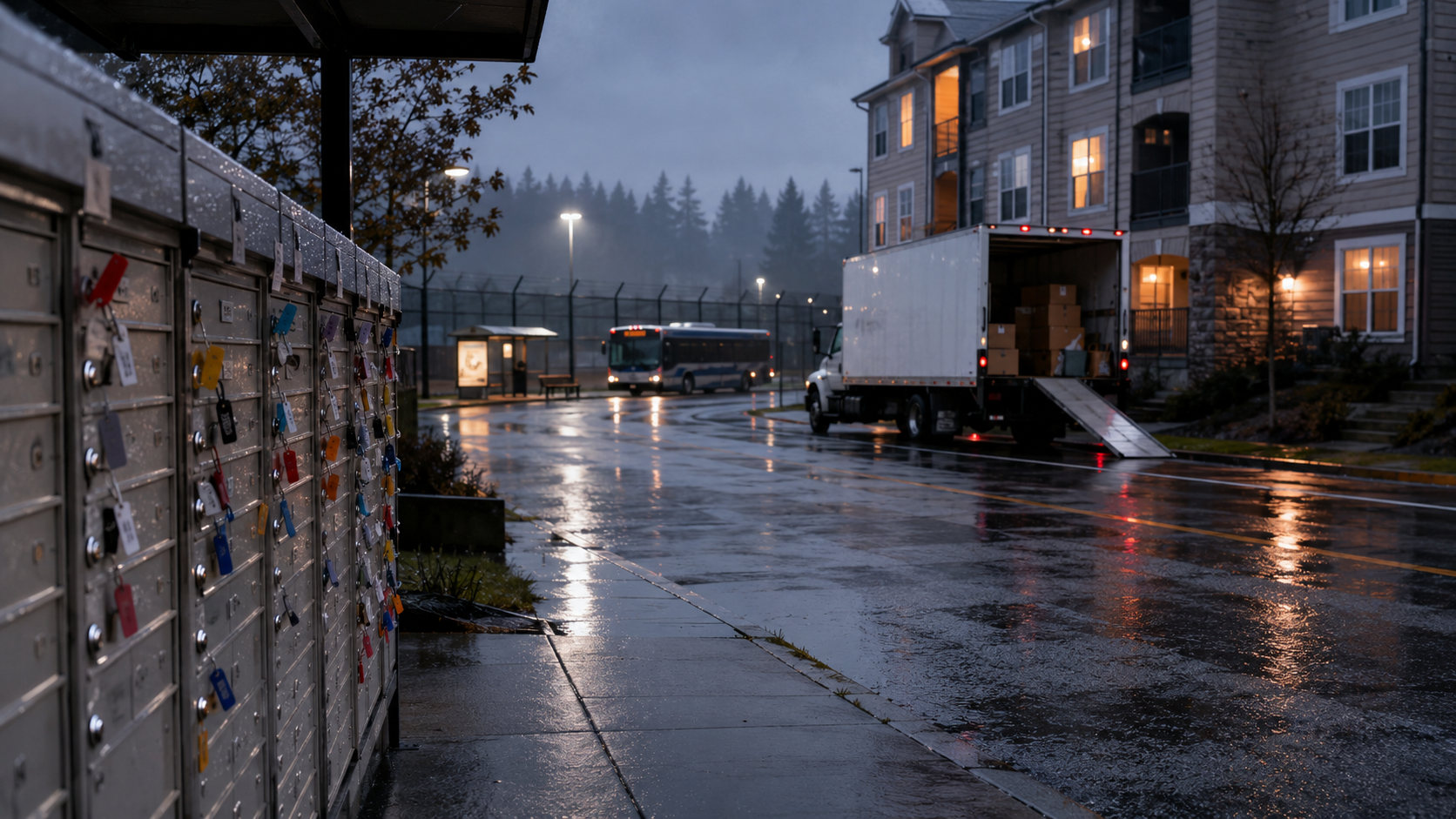 Rainy Pierce County apartment walkway and service corridor showing housing pressure without identifying residents