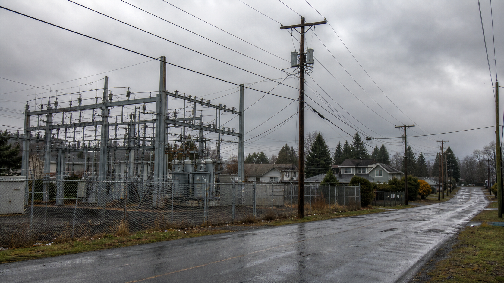 Rainy Washington roadside beside utility lines and an electrical substation