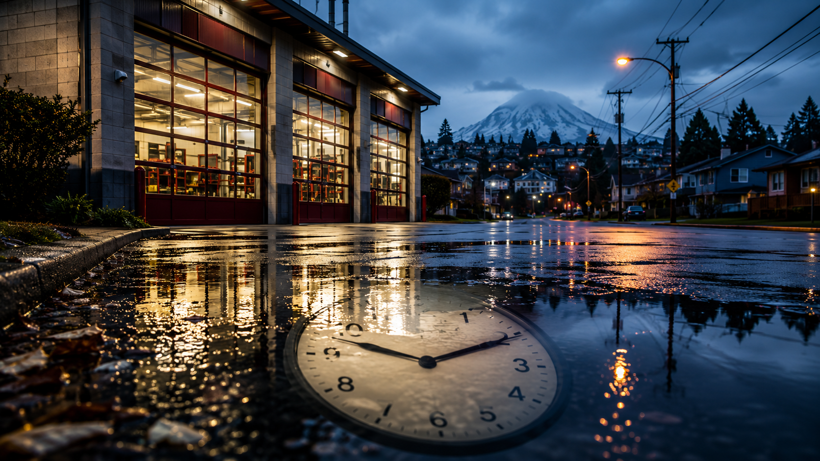 Rainy Tacoma fire station exterior with response-time clock reflected on wet pavement