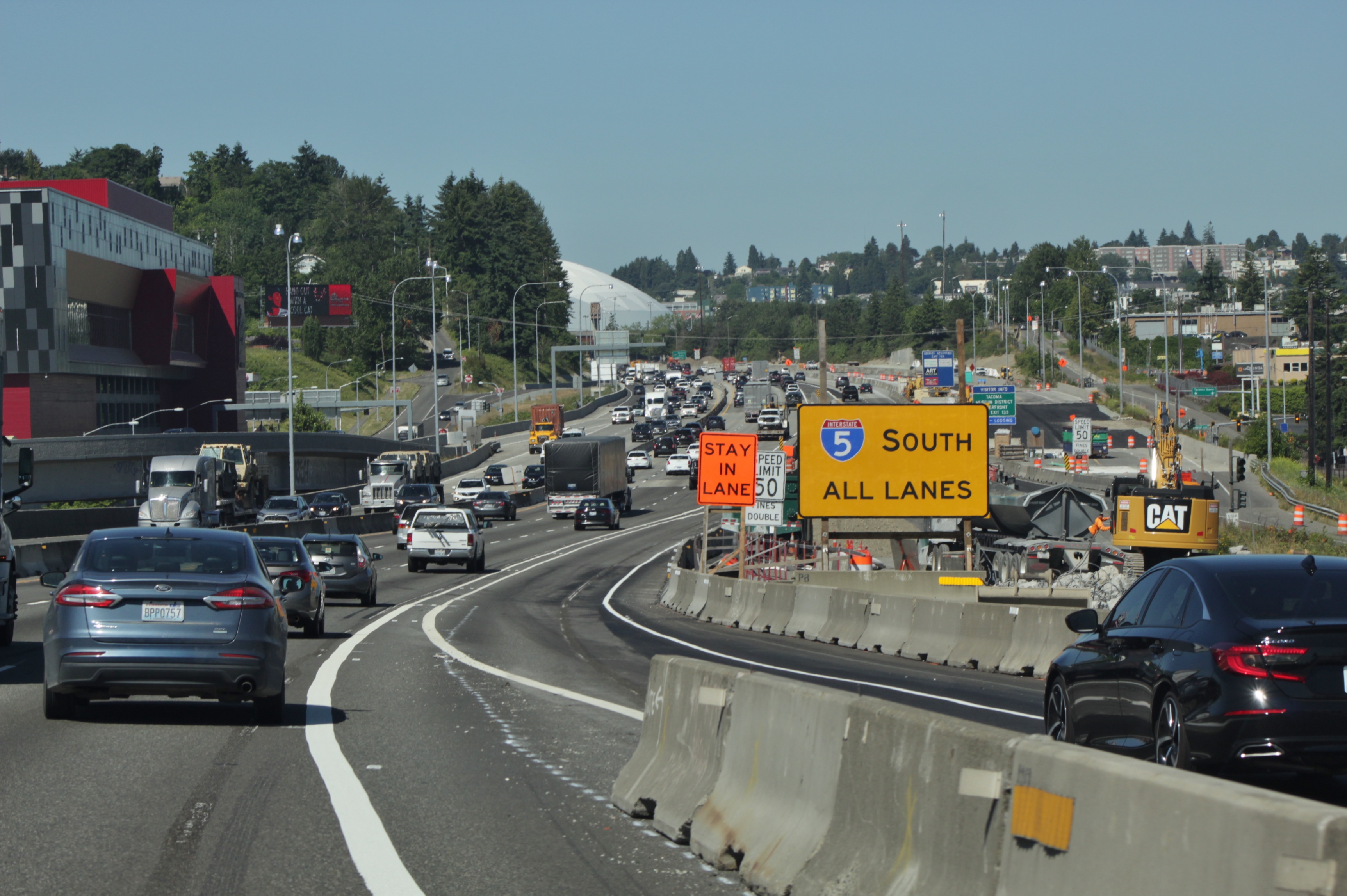 Interstate 5 construction near Tacoma looking southbound toward the Emerald Queen Casino and Tacoma Dome